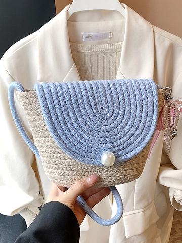 Women Woven Straw Shoulder Bag With Artificial Pearl Decor Cute Sweet Patchwork Crossbody Bucket Bag For Summer Vacation