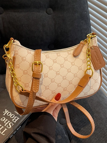 Women Vintage Printed PU Leather Shoulder Bag Fashion Underarm Hobo Bag With Metal Chain Contrast Color Handbag For Daily