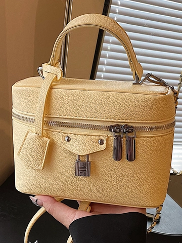 Bolso Neceser de Moda para Mujer de Cuero PU de Grano de Lichi con Cierre de Metal Bolso de Hombro con Doble Cremallera