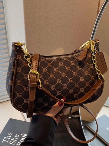 Women Vintage Printed PU Leather Shoulder Bag Fashion Underarm Hobo Bag With Metal Chain Contrast Color Handbag For Daily