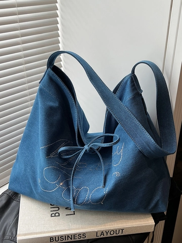 Dames Grote Capaciteit Canvas Tote Bag Strass Letter Schoudertas Denim Stijl Strik Decor Handtas Voor School Dagelijks