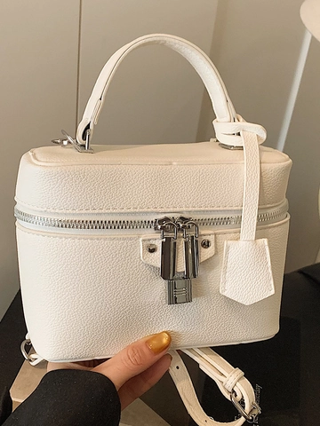 Bolso Neceser de Moda para Mujer de Cuero PU de Grano de Lichi con Cierre de Metal Bolso de Hombro con Doble Cremallera