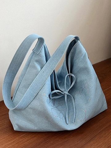 Dames Grote Capaciteit Canvas Tote Bag Strass Letter Schoudertas Denim Stijl Strik Decor Handtas Voor School Dagelijks