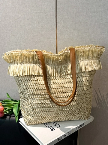Borsa Tote in Paglia Intrecciata da Donna Grande Capacità Borsa a Spalla Bohemian Estiva da Spiaggia con Finiture a Nappa