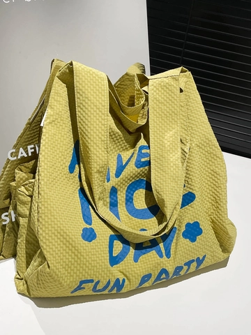 Große Kapazität Leinwand Tragetasche Für Damen Casual Koreanischer Stil Waffel Textur Buchstaben Druck Schultertasche