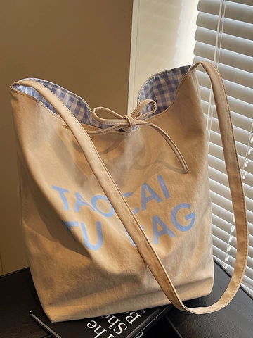 Women Casual Canvas Tote Bag Large Capacity Letter Print Gingham Lining Drawstring Bow Fashion Shoulder Handbag Work School