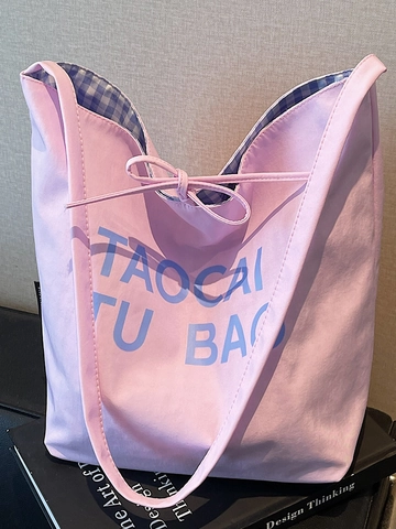 Women Casual Canvas Tote Bag Large Capacity Letter Print Gingham Lining Drawstring Bow Fashion Shoulder Handbag Work School