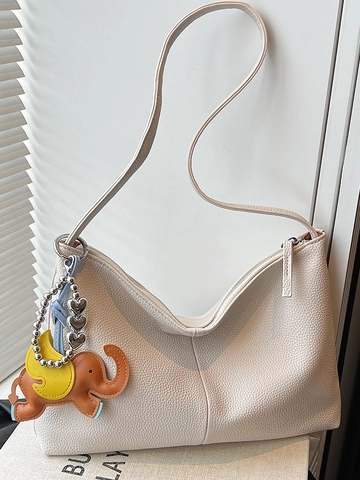 Damen Lychee Muster PU Leder Tote Bag Mode Unterarm Schultertasche Mit Elefanten Anhänger Nische Design Einfache Pendler Handtasche