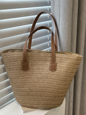 Große Kapazität Stroh Geflochtene Tote Bag Für Damen 2025 Neu Strand Urlaub Pendler Schultertasche Mit Braunen Ledergriffen