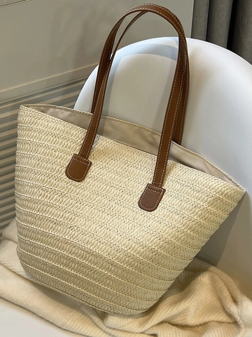 Große Kapazität Stroh Geflochtene Tote Bag Für Damen 2025 Neu Strand Urlaub Pendler Schultertasche Mit Braunen Ledergriffen