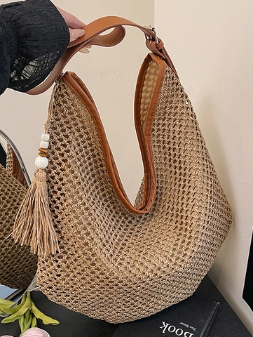 Damen Strohgeflochtene Schultertasche Große Kapazität Tote Mit Quastenanhänger Braunem PU-Besatz Urlaubs Strandhandtasche
