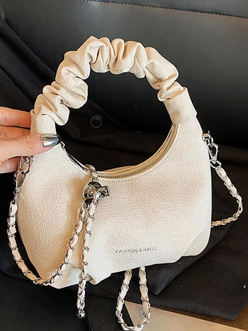 Bolso de Nube Plisado de Moda Cuero de PU Con Lazo de Perlas Artificiales Colgante de Corazón Bolso de Hombro Mujer