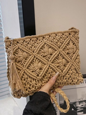 Borsa a Tracolla in Paglia Intrecciata a Mano Bohémien Con Nappa Borsa Crossbody Spiaggia Estiva Donna Stile Mori Handbag