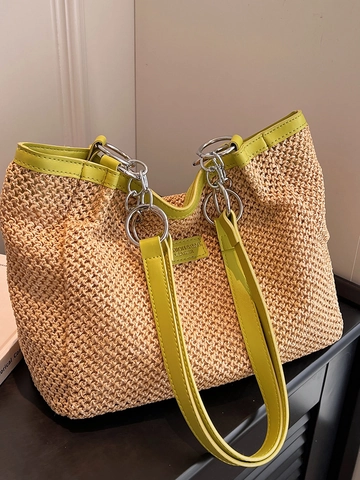 Damen Urban Minimalistischer Stroh-Tote-Beutel Mit PU-Lederbesatz Und Metallkette Große Kapazität Schultertasche Für Den Strand