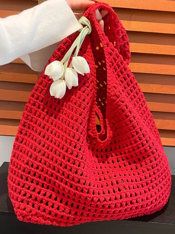 Summer Casual Large Capacity Cotton Thread Crochet Woven Tote Bag Hollow Out Beach Shoulder Bag For Women With Flower Pendant