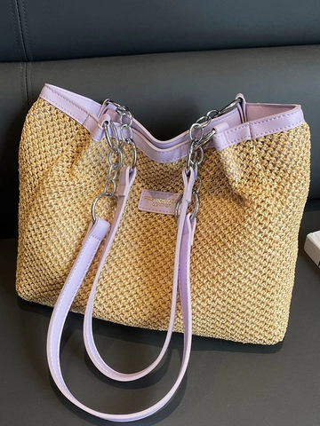 Damen Urban Minimalistischer Stroh-Tote-Beutel Mit PU-Lederbesatz Und Metallkette Große Kapazität Schultertasche Für Den Strand