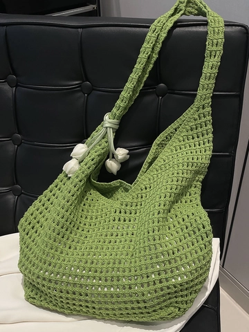 Summer Casual Large Capacity Cotton Thread Crochet Woven Tote Bag Hollow Out Beach Shoulder Bag For Women With Flower Pendant