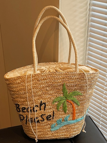 Dames Geborduurde Stro Strandtas Zomer Casual Tote Met Trekkoord Voering Grote Capaciteit Schoudertas Citroen Palmboom