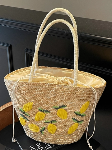 Bolso de Playa de Paja Bordado para Mujer Tote Casual de Verano Con Forro de Cordón Bolso de Hombro Gran Capacidad Limón Palmera