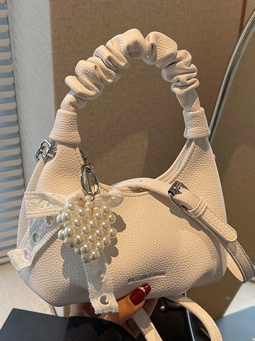 Mode Koreanischer Stil Geraffter Griff PU Leder Umhängetasche Für Damen Lychee Textur Crossbody Bag Mit Perlen Herz Anhänger