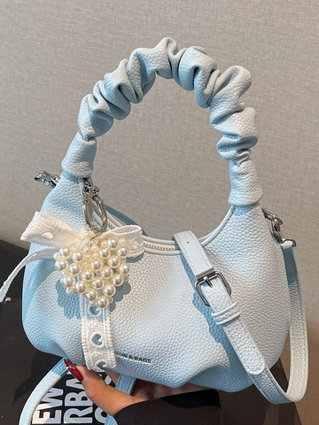 Mode Koreanischer Stil Geraffter Griff PU Leder Umhängetasche Für Damen Lychee Textur Crossbody Bag Mit Perlen Herz Anhänger
