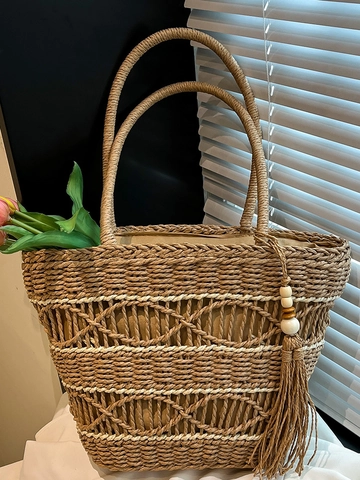 Hand-Woven Straw Tote Bag Large Capacity Hollow Out Tassel Shoulder Bag Summer Beach Vacation Casual Women Handbag