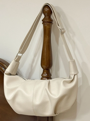 Large Capacity PU Leather Pleated Hobo Bag For Women Vintage Half Moon Shoulder Bag Korean Style Solid Color Casual Crossbody Bag