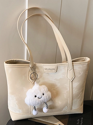 Borsa Tote da Spalla in Pelle PU di Grande Capacità con Motivo Marmo per Donna con Ciondolo a Nuvola in Peluche Minimalista Casual