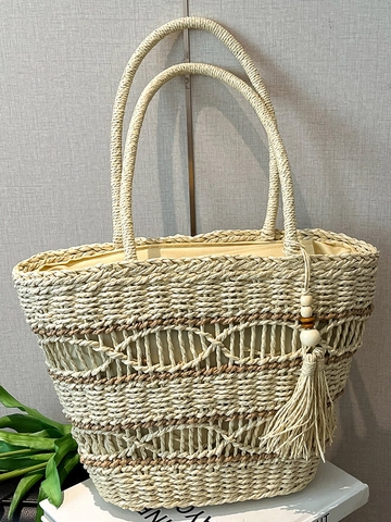 Hand-Woven Straw Tote Bag Large Capacity Hollow Out Tassel Shoulder Bag Summer Beach Vacation Casual Women Handbag