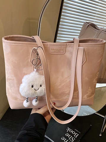 Borsa Tote da Spalla in Pelle PU di Grande Capacità con Motivo Marmo per Donna con Ciondolo a Nuvola in Peluche Minimalista Casual