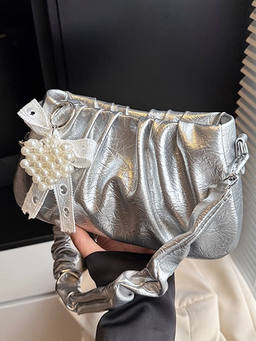 Women French Niche Pleated Shoulder Bag PU Leather Shiny Square Crossbody Bag With Artificial Pearl Heart Pendant Handbag