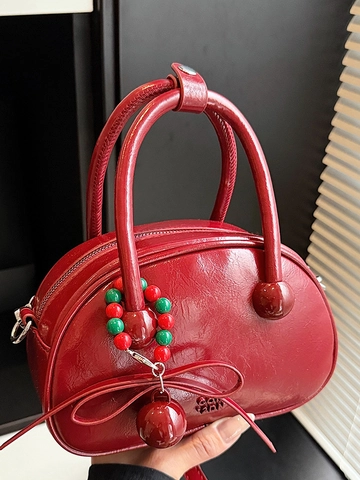 Vintage Glossy PU Leather Bowling Bag For Women Fashion Bowknot Handbag Retro Small Square Shoulder Crossbody Bag For Party