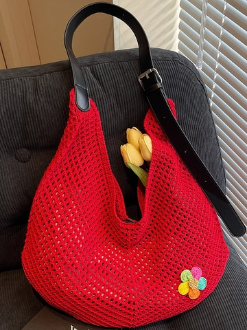 Borsa Tote in Maglia Estiva per Donna Grande Capacità Borsa a Spalla da Spiaggia Traforata con Dettaglio Floreale Moda Casual