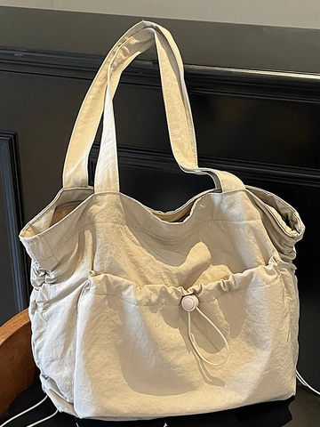 Women Large Capacity Nylon Commuter Tote Bag Lightweight Drawstring Shoulder Bag Casual Urban Minimalist Solid Color Handbag