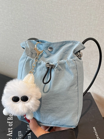Damen Leichte Gewebe Umhängetasche Einfache Kordelzug Handy Tasche Mit Plüsch Monster Anhänger Mode Casual Schultertasche