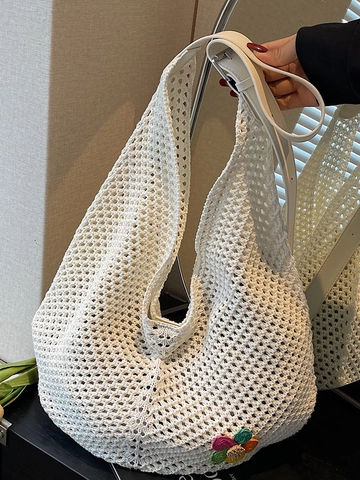 Borsa Tote in Maglia Estiva per Donna Grande Capacità Borsa a Spalla da Spiaggia Traforata con Dettaglio Floreale Moda Casual