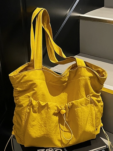 Women Large Capacity Nylon Commuter Tote Bag Lightweight Drawstring Shoulder Bag Casual Urban Minimalist Solid Color Handbag