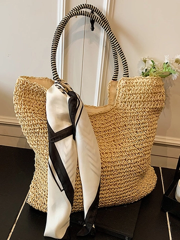 Grote Capaciteit Stro Tote Bag Voor Vrouwen 2025 Zomer Casual Schoudertas Met Sjaal Gestreepte Handgreep Vakantie Strand Handtas