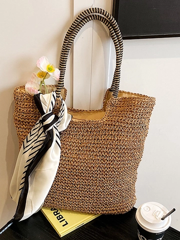 Grote Capaciteit Stro Tote Bag Voor Vrouwen 2025 Zomer Casual Schoudertas Met Sjaal Gestreepte Handgreep Vakantie Strand Handtas