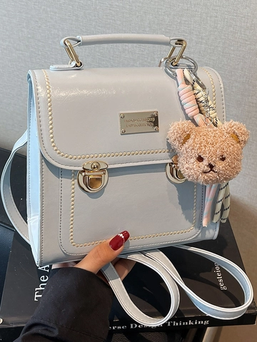 Bolso de Hombro Retro de Cuero PU para Mujer Estilo Coreano Bolso de Mano Minimalista Con Colgante de Oso Mochila Cuadrada Pequeña Moda Diaria
