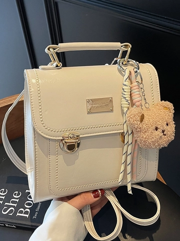 Bolso de Hombro Retro de Cuero PU para Mujer Estilo Coreano Bolso de Mano Minimalista Con Colgante de Oso Mochila Cuadrada Pequeña Moda Diaria