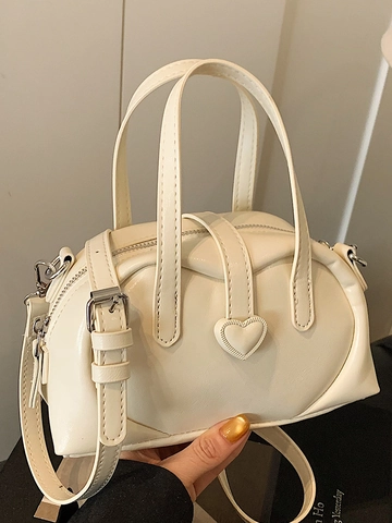 Bolso de Mano de Cuero PU para Mujer Decoración de Corazón Estilo Coreano Bolso de Hombro Forma Dumpling Color Sólido