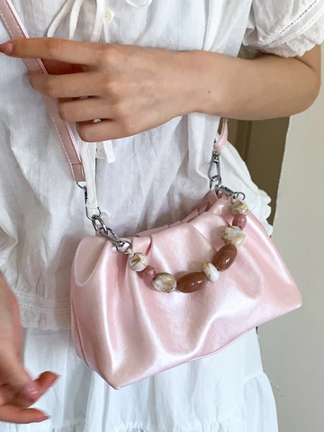 Mode Damen Falten Beuteltasche Umhängetasche PU Leder Wolken Handtasche Mit Perlen Griff Koreanischer Stil Alltagstasche