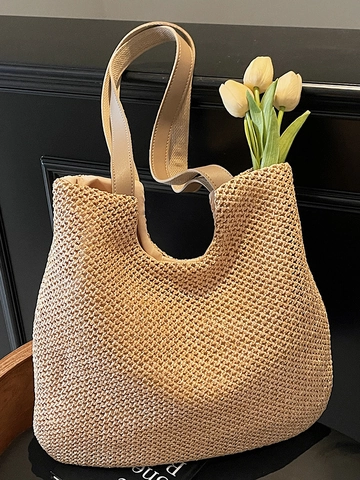 Handwoven Straw Shoulder Bag For Women Large Capacity Hollow Out Knit Tote Beach Vacation Summer Fashion Casual Handbag