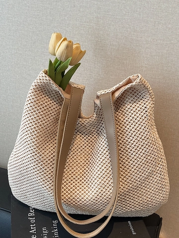 Handwoven Straw Shoulder Bag For Women Large Capacity Hollow Out Knit Tote Beach Vacation Summer Fashion Casual Handbag