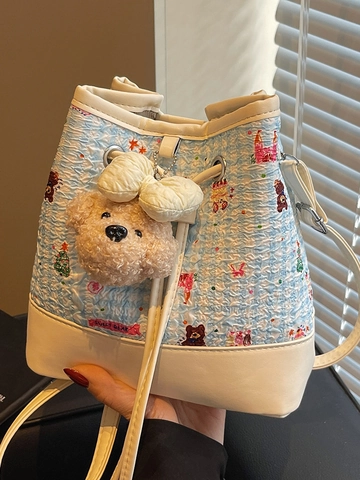 Borsa a Secchiello Donna con Orso Cartone Animato in Pelle PU e Tessuto Patchwork Trapuntata a Tracolla con Coulisse e Ciondolo Orsetto