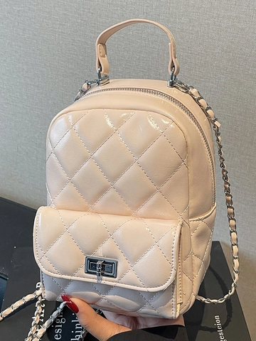 Mini Zaino in Pelle PU Trapuntata Con Catena per Donna Piccola Borsa a Mano Alla Moda Stile di Strada