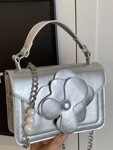 Bolso de Mano de Mujer de Cuero de PU con Flor de Camelia 3D Elegante Bolso de Bandolera con Cadena de Perlas Artificiales Bolso Cuadrado Pequeño