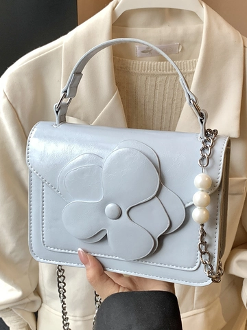 Bolso de Mano de Mujer de Cuero de PU con Flor de Camelia 3D Elegante Bolso de Bandolera con Cadena de Perlas Artificiales Bolso Cuadrado Pequeño