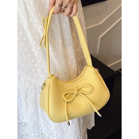 Women Bowknot Lychee Texture Underarm Bag PU Leather Solid Color Dumpling Shape Shoulder Bag Fashion Retro Handbag For Daily